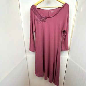 Garnet Hill Mauve Stretch Jersey Knit Dress Asymmetric Hemline Embellished Neck